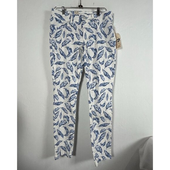 Seven7 Womens White Blue Feather Print Skinny Pants Size 10 Stretch New $74 - Picture 1 of 11